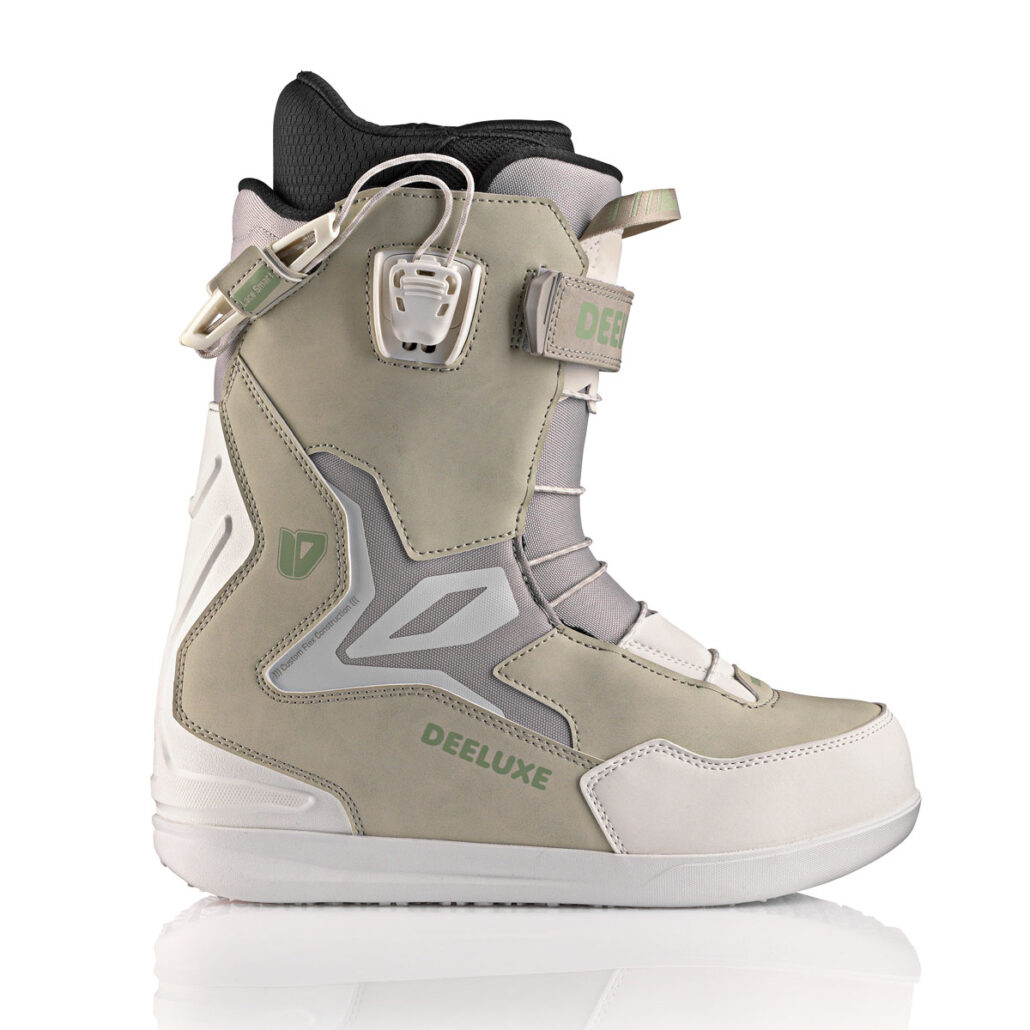 Deeluxe ID Team snowboard boot side view in Barely Green with L3 lacing system