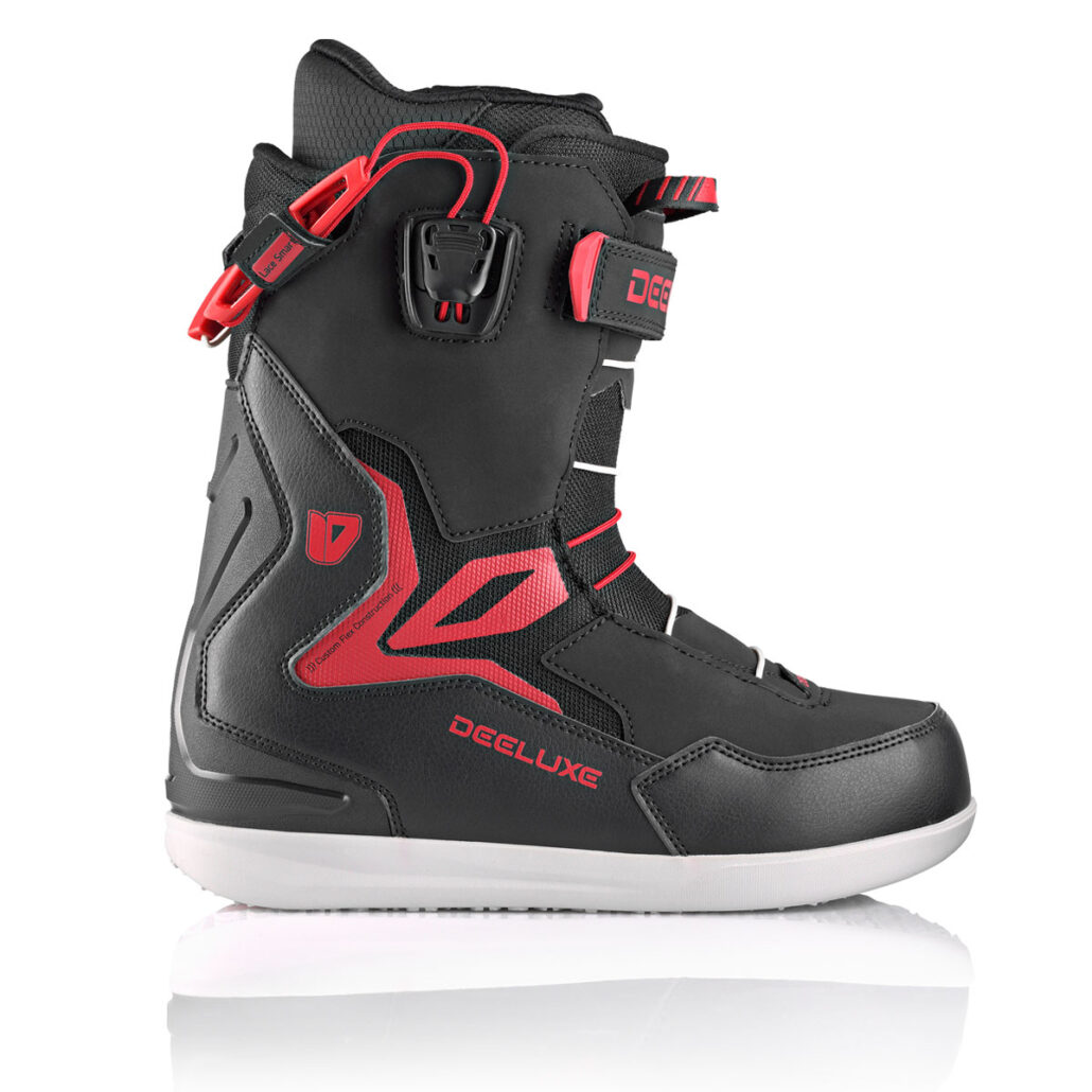 Deeluxe ID Team Red Matter snowboard boot side view with power strap and speed lacing system