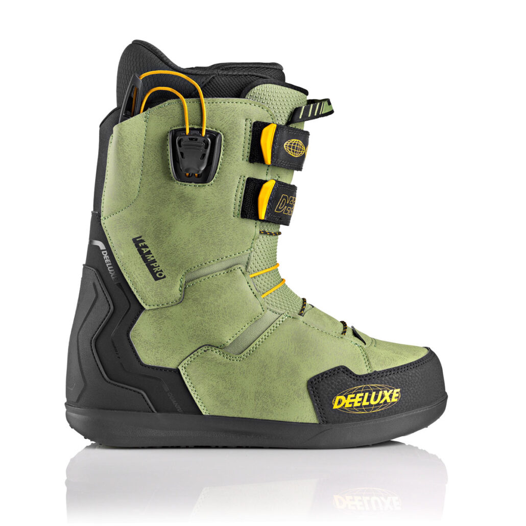 Deeluxe Team Pro ATV snowboard boot side view in green with L3 lacing system