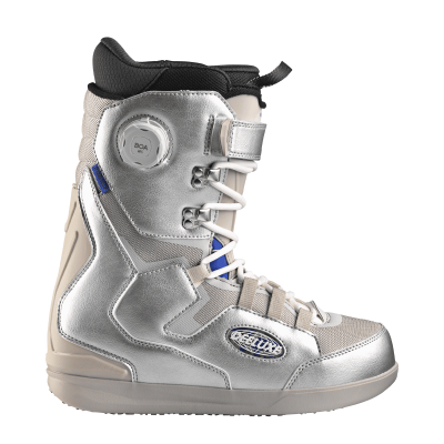 DEELUXE DNA Pro snowboard boot in metallic silver and beige with white laces, side view with BOA dial and power strap